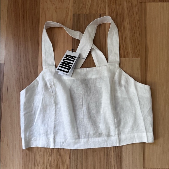 LUNYA Woven Linen Crossback Tank Medium Sincere White Cropped Top Pajama Lounge - Picture 4 of 10